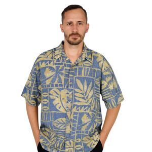 Men's X-Large Vintage Hawaiian All Cotton Blue Gold Shirt Cooke Street USA Made